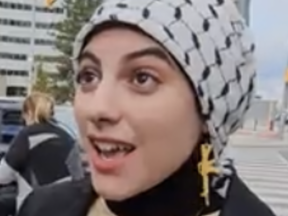 There was a shocking display of support for Hamas terrorists in Mississauga by a protester flaunting gold machine-gun earrings.