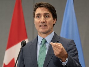 Prime Minister Justin Trudeau speaks during a news conference at the Canadian Permanent Mission, in New York, Thursday, Sept. 21, 2023.