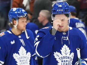 Toronto Maple Leafs' Mitch Marner reacts at the end of his team's loss to the Los Angeles Kings.