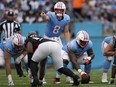 Tennessee Titans quarterback Will Levis calls a play at the line against the Atlanta Falcons.