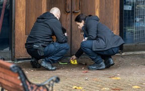 Police are investigating an apparent firebombing at the Congregation Beth Tikvah and at the rear of the nearby CJA building in Dollard-des-Ormeaux on Tuesday, Nov. 7, 2023. DAVE SIDAWAY/POSTMEDIA NETWORK