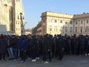 Paris Saint-Germain's supporters gather at Piazza Duomo in Milan prior the Champions League football match against AC Milan.