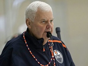 Edmonton Oilers head coach Ken Hitchcock watches closely during team practice in Edmonton.