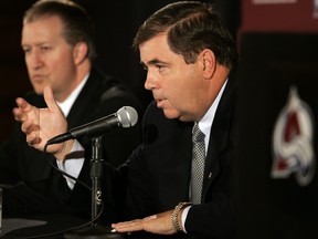 Colorado Avalanche president and general manager Pierre Lacroix talks to the media.