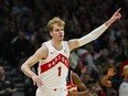 Toronto Raptors guard Gradey Dick celebrates after scoring a three pointer.