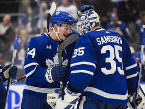 Toronto Maple Leafs goaltender Ilya Samsonov (35) and centre Bobby McMann (74) celebrate after the Toronto Maple Leafs defeated the Vancouver Canucks.