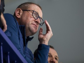 Toronto Maple Leafs GM Brad Treliving watches training camp at the Ford Performance Centre.