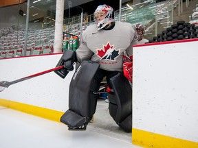Manitoba-raised goalie Kristen Campbell hits the ice for a training-camp session with Hockey Canada in January 2021.