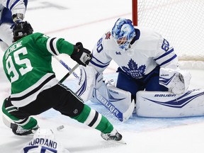 Toronto Maple Leafs goaltender Joseph Woll blocks a shot by Dallas Stars forward Matt Duchene.