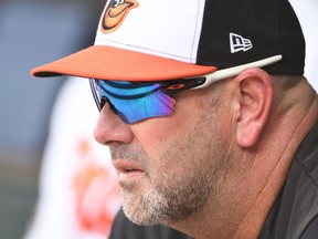 Manager Brandon Hyde of the Baltimore Orioles looks on against the Oakland Athletics.