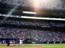 Bo Bichette of the Toronto Blue Jays hits a single in the eighth inning against the Boston Red Sox at Rogers Centre on Sept. 16, 2023, in Toronto.