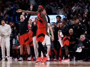 Pascal Siakam #43 of the Toronto Raptors celebrates a basket during the second half of their NBA game against the Milwaukee Bucks at Scotiabank Arena on November 1, 2023 in Toronto. (Photo by Cole Burston/Getty Images)