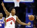 Scottie Barnes #4 of the Toronto Raptors reacts during the first quarter against the Philadelphia 76ers at the Wells Fargo Center on November 02, 2023 in Philadelphia.