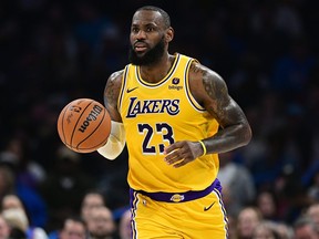 Lebron James of the Los Angeles Lakers brings the ball down the floor.