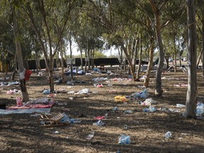 The site of a music festival near the border with the Gaza Strip in southern Israel is seen on Thursday. Oct. 12, 2023.