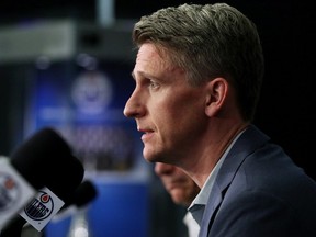 Kris Knoblauch speaks to the media after being announced as the Edmonton Oilers new head coach in Edmonton on Sunday, Nov. 12, 2023.