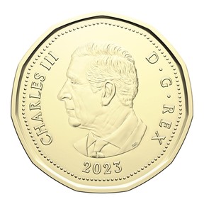A likeness of King Charles is shown on a loonie in a handout photo. The Royal Canadian Mint will soon begin producing Canadian coins bearing the face of King Charles. Royal Canadian Mint photo