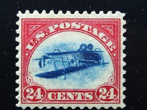 A rare stamp known as an "Inverted Jenny" is displayed at the World Stamp Show in Manhattan on June 2, 2016 in New York City.