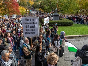 Palestinian students and their supporters march through McGill University's downtown campus on Wednesday Oct. 25, 2023 to support Palestinians in Gaza.