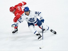 Forward William Nylander of the Toronto Maple Leafs and forward Christian Fischer of the Detroit Red Wings battle for the puck.