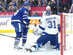 Leafs centre Auston Matthews cannot score on Lightning goalie Jonas Johansson.
