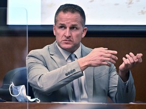 Former Louisville Police officer Brett Hankison talks about seeing a subject in a firing stance in the apartment as he is cross-examined in Louisville, Ky. on March 2, 2022.