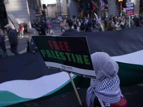 Protesters hold flags and placards as they take part in a pro-Palestinian demonstration in London, Saturday, Nov. 25, 2023.