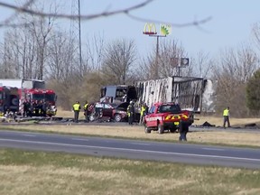 Emergency responders are on the scene of a fatal accident on Interstate 70 West in Licking County, Ohio, Tuesday, Nov. 14, 2023.