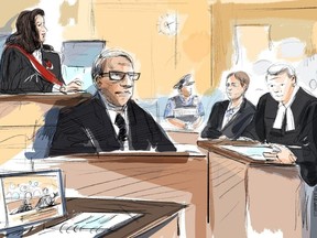 Justice Renee Pomerance, left to right, Dr. Julian Gojer, Nathaniel Veltman, and lawyer Christopher Hicks attend court during Veltman's trial in Windsor, as shown in this Wednesday, Oct. 25, 2023 courtroom sketch. THE CANADIAN PRESS/Alexandra Newbould
