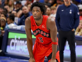 Toronto Raptors forward O.G. Anunoby (3) looks to the basket during a free throw during the second half of an NBA basketball game against the Dallas Mavericks, Wednesday, Nov. 8, 2023, in Dallas