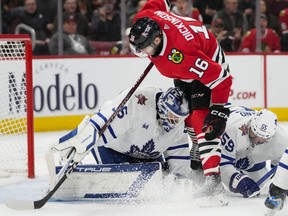Maple Leafs goaltender Ilya Samsonov stops a shot from Chicago Blackhawks ' Jason Dickinson during the third period on Friday, Nov. 24, 2023, in Chicago.
