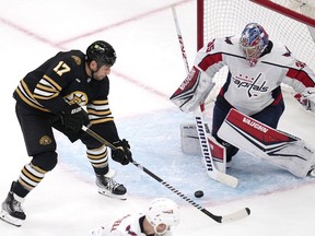 Boston Bruins left wing Milan Lucic takes a shot on Washington Capitals goaltender Darcy Kuemper during a preseason game Oct. 3, 2023, in Boston.