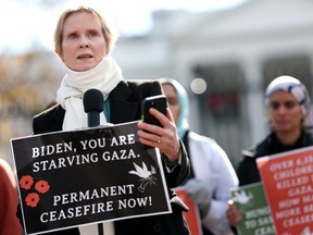 Actress Cynthia Nixon speaks as she announces a hunger strike calling for a ceasefire in Gaza outside the White House in Washington, D.C., Monday, Nov. 27, 2023.