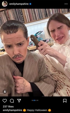Schitt’s Creek actress Emily Hampshire dressed up as Johnny Depp for Halloween.