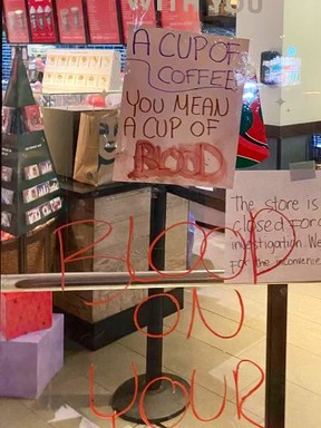 Vandals targetted a Starbucks in Forest Hill, near Bathurst St. and Eglinton Ave. W., with hateful graffiti seen here on Thursday, Nov. 16, 2023.