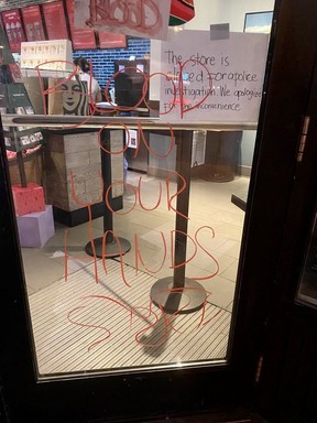 Vandals targetted a Starbucks in Forest Hill, near Bathurst St. and Eglinton Ave. W., with hateful graffiti seen here on Thursday, Nov. 16, 2023.