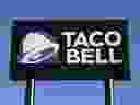 An exterior view shows a sign at a Taco Bell restaurant on March 30, 2020 in Las Vegas, Nevada. 