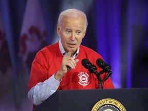President Joe Biden speaks to autoworkers at the Community Complex Building on November 09, 2023 in Belvidere, Illinois.