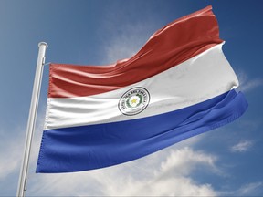 Paraguay Flag is Waving Against Blue Sky