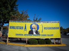 A photograph of late temple president Hardeep Singh Nijjar is seen on a banner outside the Guru Nanak Sikh Gurdwara Sahib, in Surrey, B.C., on Monday, Sept. 18, 2023.