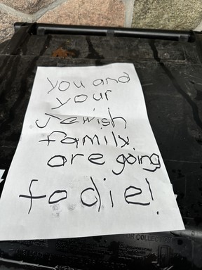 A note left at the Washago home of Ryan Merovitz.