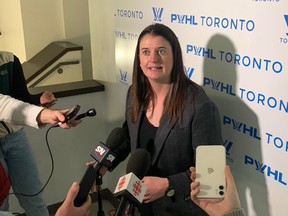 Toronto's PWHL general manager Gina Kingsbury chats with reporters on Wednesday.