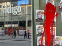 An Indigo store in downtown Toronto was plastered on Nov. 10, 2023, with red paint and posters accusing CEO Heather Reisman of 