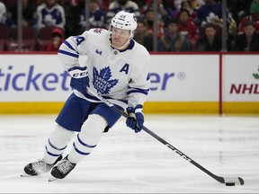 Maple Leafs' Morgan Rielly handles the puck during the second period against the Chicago Blackhawks on Friday, Nov. 24, 2023, in Chicago.