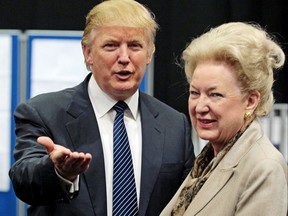 Former U.S. president and property tycoon Donald Trump is pictured with his sister Maryanne Trump Barry as they adjourn for lunch during a public inquiry over his plans to build a golf resort near Aberdeen, at the Aberdeen Exhibition and Conference centre, Scotland, on June 10, 2008.