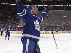 Maple Leafs forward Noah Gregor celebrates his second period goal against the Canucks at Scotiabank Arena in Toronto, Saturday, on Nov. 11, 2023.