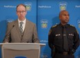 Acting Det.-Sgt. Simon Kennedy (L), along with Chief Nishan Duraiappah, revealed details of Project Memphis – an auto theft investigation – at a news conference at Peel Regional Police Headquarters on Wednesday, Nov. 29, 2023.