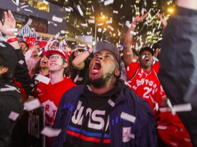 Fans celebrate a Toronto Raptors victory.