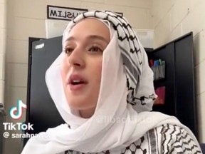 In a post on social media, London Islamic School teacher Sarah Elnaffar reads aloud a poem from a 13-year-old student that called for Israel to be "banned."
