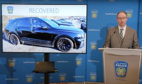 Acting Det.-Sgt. Simon Kennedy revealed details of Project Memphis – an auto theft investigation – at a news conference at Peel Regional Police Headquarters on Wednesday, Nov. 29, 2023.